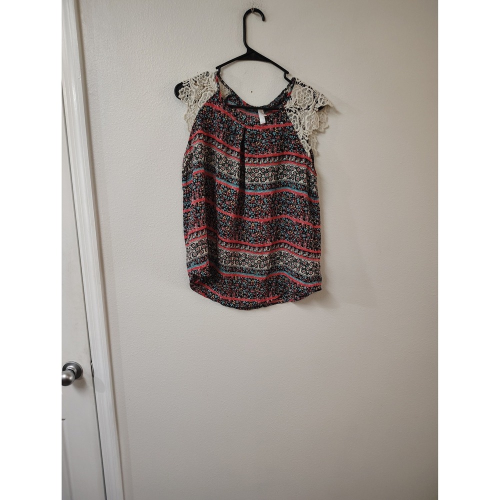 Xhilaration Womens Floral Stripe Crochet Lace Cap Sleeve Blouse Multi-Color L
